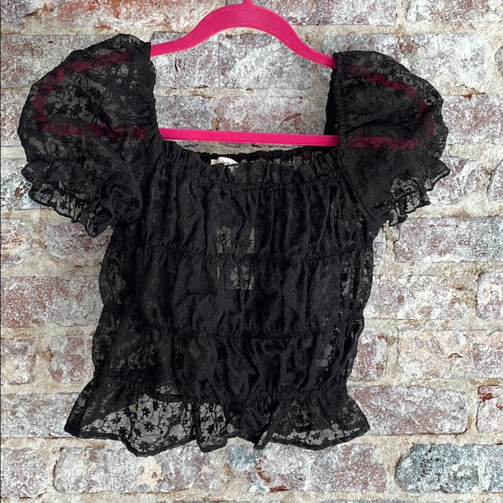 Idem Ditto Puff Sleeve See Through Black Lace Top